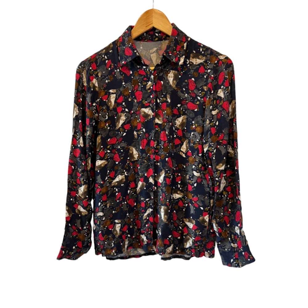 Printed Red Button Up Collared Lightweight Top S
